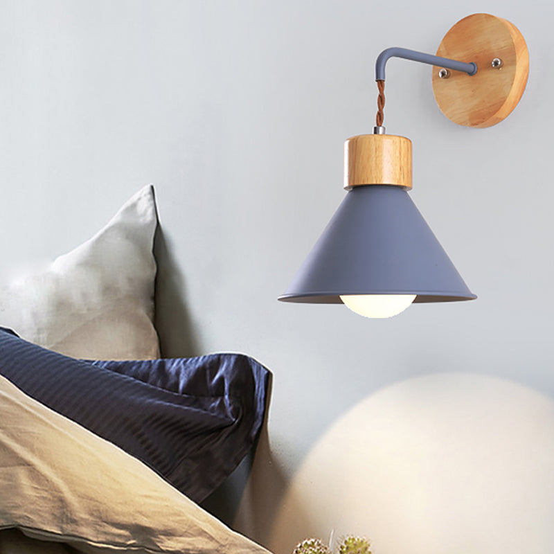 Cone Shade Metallic Wall Sconce Nordic Stylish 1 Light Blue/Pink/White Wall Mount Light with Wooden Cap Clearhalo 'Art deco wall lights' 'Cast Iron' 'Glass' 'Industrial wall lights' 'Industrial' 'Middle century wall lights' 'Modern' 'Rustic wall lights' 'Tiffany' 'Traditional wall lights' 'Wall Lamps & Sconces' 'Wall Lights' Lighting' 331590