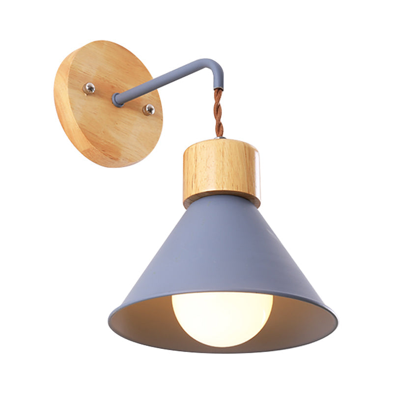 Cone Shade Metallic Wall Sconce Nordic Stylish 1 Light Blue/Pink/White Wall Mount Light with Wooden Cap Clearhalo 'Art deco wall lights' 'Cast Iron' 'Glass' 'Industrial wall lights' 'Industrial' 'Middle century wall lights' 'Modern' 'Rustic wall lights' 'Tiffany' 'Traditional wall lights' 'Wall Lamps & Sconces' 'Wall Lights' Lighting' 331591