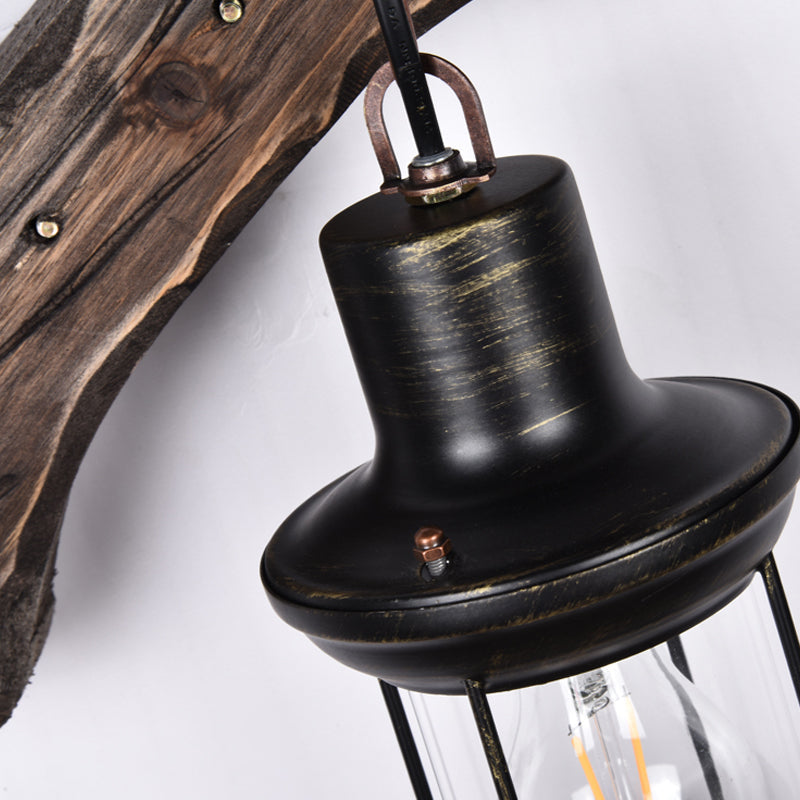 Lantern Bedroom Wall Light Sconce Wood 1 Light Industrial Aged Bronze Wall Lamp Fixture with Tool Backplate Clearhalo 'Art deco wall lights' 'Cast Iron' 'Glass' 'Industrial wall lights' 'Industrial' 'Middle century wall lights' 'Modern' 'Rustic wall lights' 'Tiffany' 'Traditional wall lights' 'Wall Lamps & Sconces' 'Wall Lights' Lighting' 331750