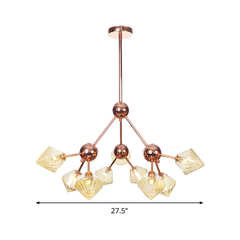 Amber Glass Diamond Hanging Chandelier Modernism 9 Bulbs Rose Gold Pendant Light Fixture Clearhalo 'Ceiling Lights' 'Chandeliers' 'Close To Ceiling Lights' 'Glass shade' 'Glass' 'Modern Chandeliers' 'Modern' Lighting' 331806