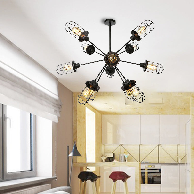Caged Chandelier Lamp Farmhouse Style Iron 9/12/15 Lights Black Finish Hanging Ceiling Fixture with Sputnik Design Clearhalo 'Cast Iron' 'Ceiling Lights' 'Chandeliers' 'Industrial Chandeliers' 'Industrial' 'Metal' 'Middle Century Chandeliers' 'Rustic Chandeliers' 'Tiffany' Lighting' 331936