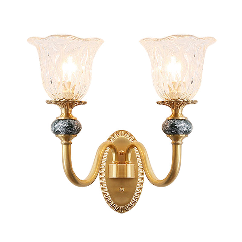 1/2 Heads Clear Glass Wall Sconce Vintage Brass Flower Bedroom LED Wall Mounted Lighting Clearhalo 'Wall Lamps & Sconces' 'Wall Lights' Lighting' 331975