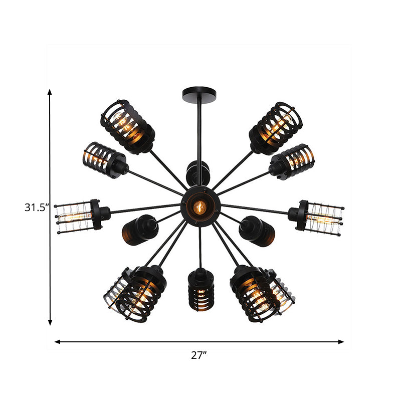 Starburst Bedroom Chandelier Light Metal 9/12/15 Heads Vintage Hanging Lighting with Cylinder Frame Shade in Black Clearhalo 'Cast Iron' 'Ceiling Lights' 'Chandeliers' 'Industrial Chandeliers' 'Industrial' 'Metal' 'Middle Century Chandeliers' 'Rustic Chandeliers' 'Tiffany' Lighting' 331990
