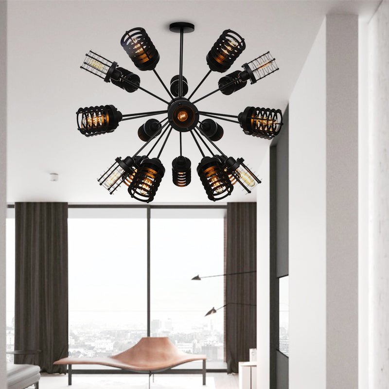 Starburst Bedroom Chandelier Light Metal 9/12/15 Heads Vintage Hanging Lighting with Cylinder Frame Shade in Black Clearhalo 'Cast Iron' 'Ceiling Lights' 'Chandeliers' 'Industrial Chandeliers' 'Industrial' 'Metal' 'Middle Century Chandeliers' 'Rustic Chandeliers' 'Tiffany' Lighting' 331992