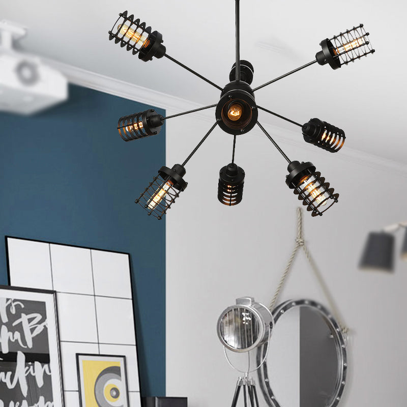Starburst Bedroom Chandelier Light Metal 9/12/15 Heads Vintage Hanging Lighting with Cylinder Frame Shade in Black Clearhalo 'Cast Iron' 'Ceiling Lights' 'Chandeliers' 'Industrial Chandeliers' 'Industrial' 'Metal' 'Middle Century Chandeliers' 'Rustic Chandeliers' 'Tiffany' Lighting' 332000