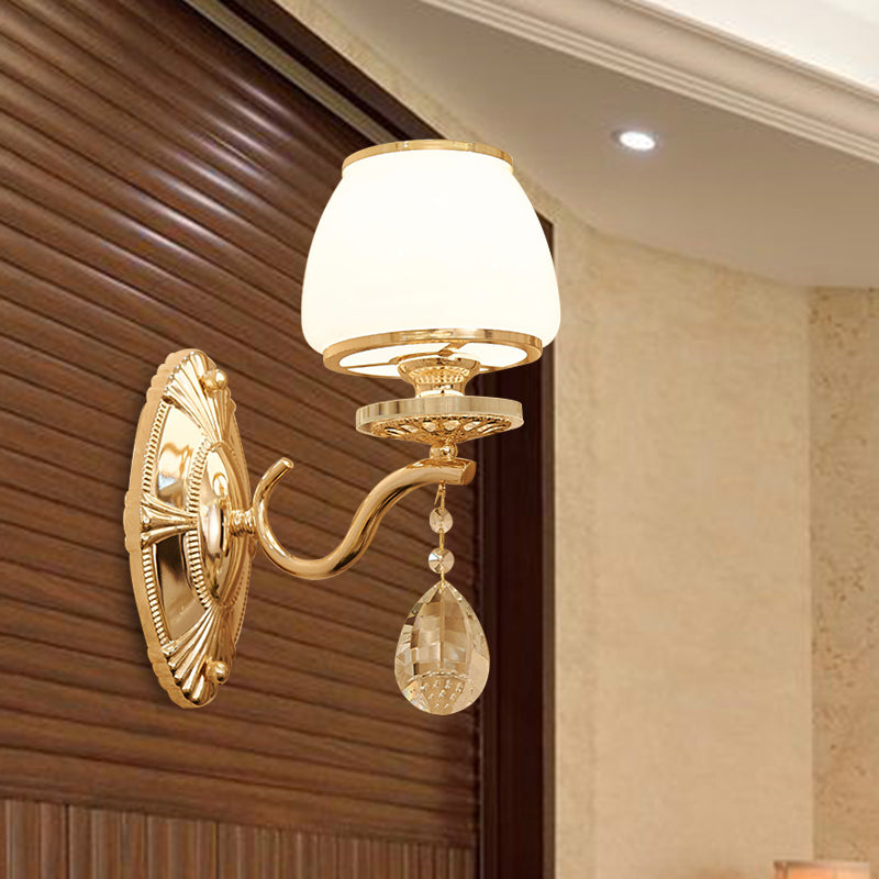 Traditional Dome Wall Light Fixture 1/2 Heads White Glass Wall Sconce Lighting in Brass with Dangling Crystal 1.0 Brass Clearhalo 'Wall Lamps & Sconces' 'Wall Lights' Lighting' 332056