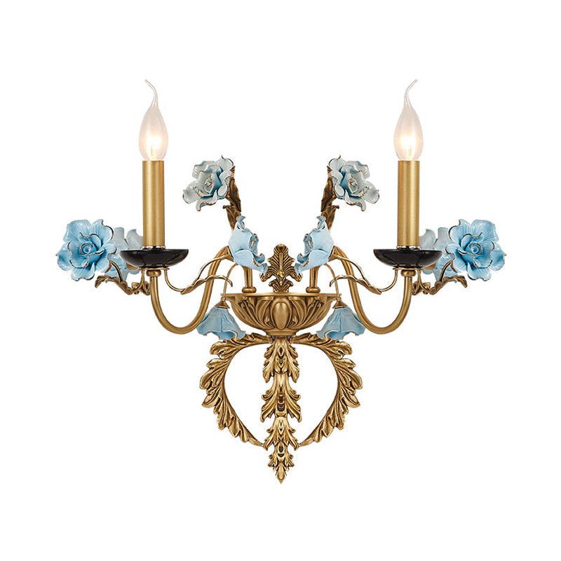 Blue Curved Arm Wall Light Fixture Countryside Metal 2 Lights Living Room Sconce with/without Shade Clearhalo 'Wall Lamps & Sconces' 'Wall Lights' Lighting' 332167