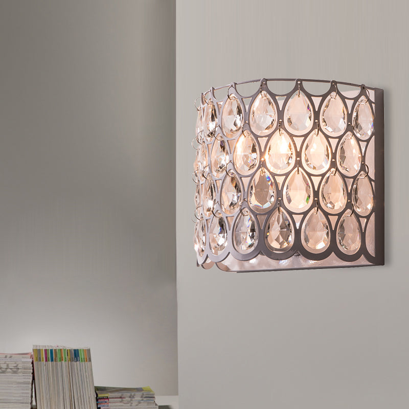 White Half-Cylinder Sconce Countryside Crystal 1 Light Bedroom Wall Lighting Fixture Clearhalo 'Wall Lamps & Sconces' 'Wall Lights' Lighting' 332437