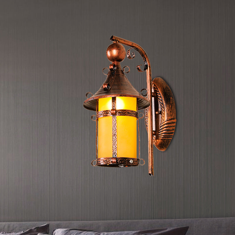 House Corridor Wall Light Fixture Yellow Glass 1 Light Vintage Wall Mounted Light with Curved Arm in Weathered Copper Weathered Copper Clearhalo 'Wall Lamps & Sconces' 'Wall Lights' Lighting' 332607