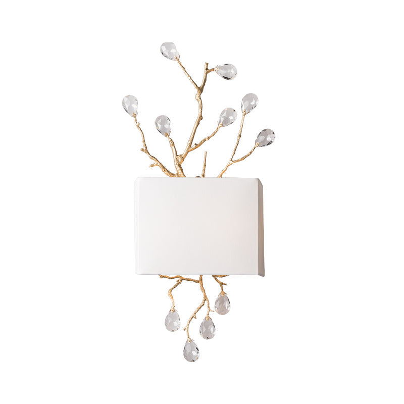 Rectangle Bedroom Wall Mounted Lamp Classic Fabric 2 Lights Brass Sconce with Pink/Clear Crystal Accent Clearhalo 'Wall Lamps & Sconces' 'Wall Lights' Lighting' 332672