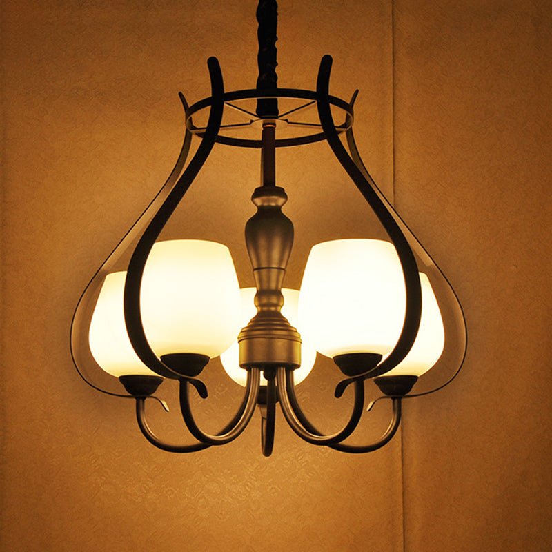 5 Bulbs Dining Room Chandelier Lamp Contemporary Black Finish Suspension Lighting with Opal Glass Bowl Shade Clearhalo 'Ceiling Lights' 'Chandeliers' 'Glass shade' 'Glass' Lighting' 332782