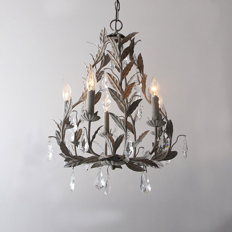 Metal Leaf Chandelier Lamp Modernism 5 Bulbs Grey/Distressed White Suspended Lighting Fixture with Crystal Drop Grey Clearhalo 'Ceiling Lights' 'Chandeliers' 'Modern Chandeliers' 'Modern' Lighting' 332793