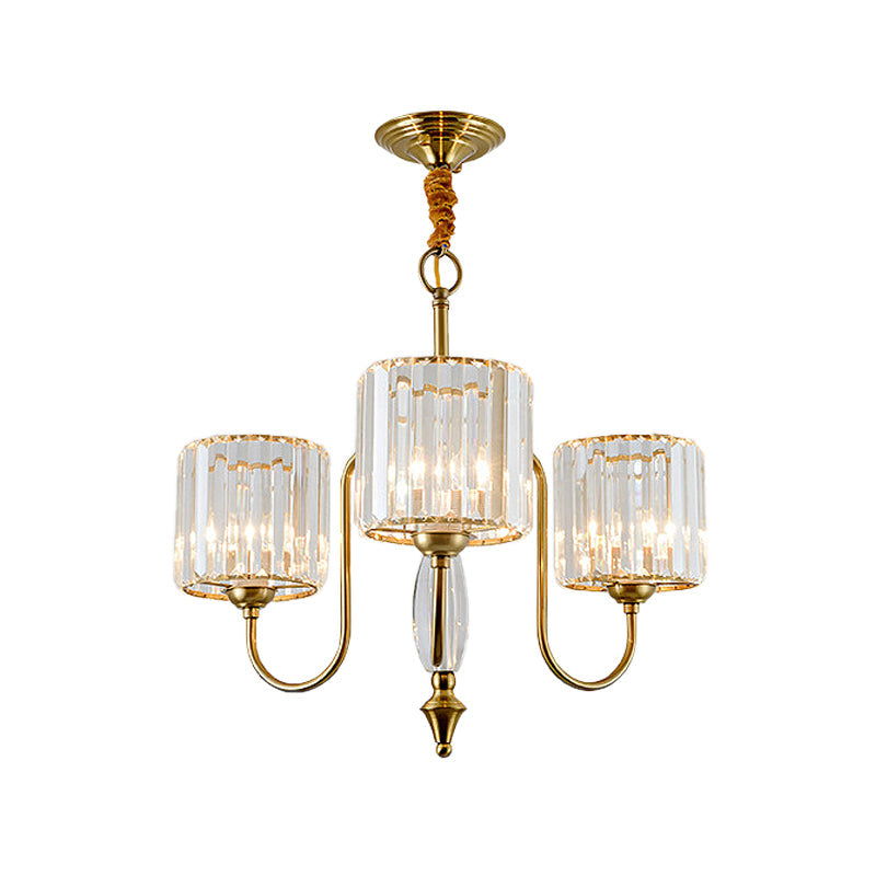 Cylinder Ceiling Chandelier Contemporary Faceted Crystal 3/5/6 Heads Brass Hanging Pendant Light Clearhalo 'Ceiling Lights' 'Chandeliers' 'Modern Chandeliers' 'Modern' Lighting' 332965