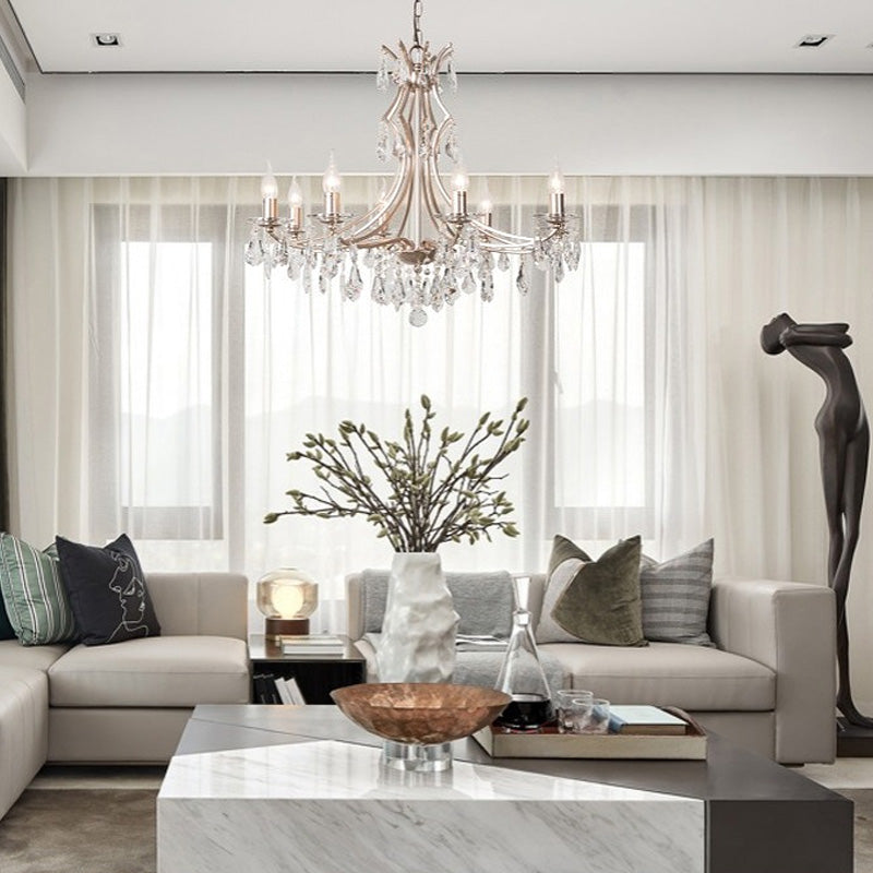 Crystal Droplet Chandelier Lamp Modern 6 Heads Satin Nickel Suspension Pendant Light for Bedroom Clearhalo 'Ceiling Lights' 'Chandeliers' 'Modern Chandeliers' 'Modern' Lighting' 333022