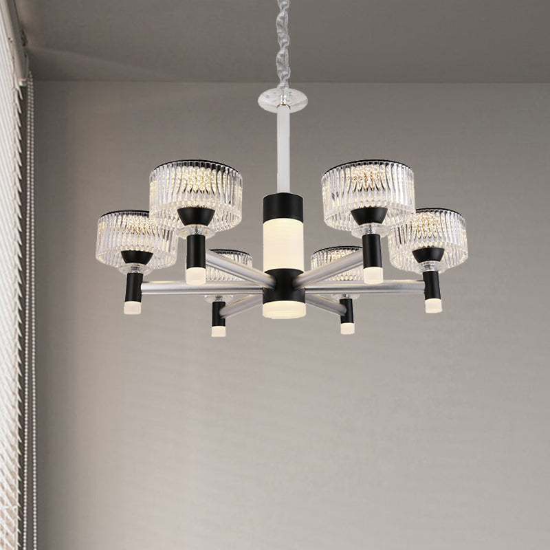Drum Chandelier Lamp Contemporary Beveled Crystal Black 6/8/12 Heads Suspended Lighting Fixture 6 Black Clearhalo 'Ceiling Lights' 'Chandeliers' 'Modern Chandeliers' 'Modern' Lighting' 333264