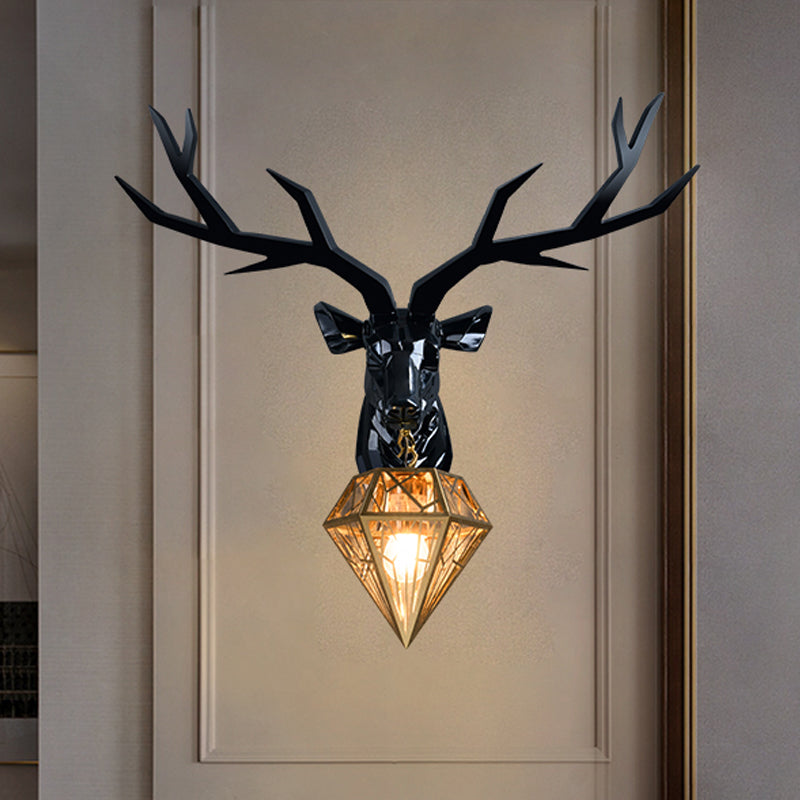 Elk Resin Wall Mounted Lamp Loft Style 1 Head Black/White/Gold Sconce Light with Diamond Cage Shade, 14.5"/19.5" W Black Clearhalo 'Wall Lamps & Sconces' 'Wall Lights' Lighting' 333332