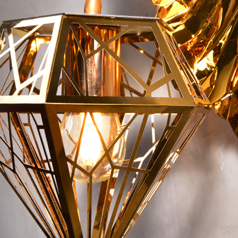 Diamond Cage Foyer Wall Light Sconce Resin 1 Bulb Country Style Wall Lamp with Elk Backplate in Gold, 16"/26" Wide Clearhalo 'Wall Lamps & Sconces' 'Wall Lights' Lighting' 333356