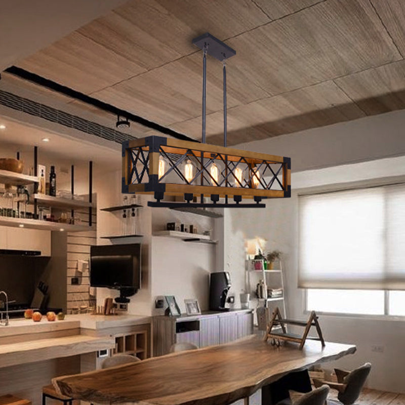 Dark Wood Rectangle Island Lighting Fixture Traditional Metal 5 Bulbs Dining Room Hanging Light Dark Wood Clearhalo 'Ceiling Lights' 'Island Lights' Lighting' 335878