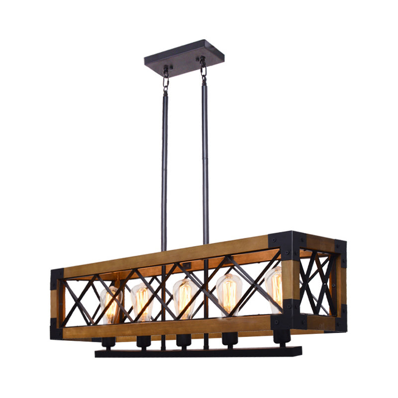 Dark Wood Rectangle Island Lighting Fixture Traditional Metal 5 Bulbs Dining Room Hanging Light Clearhalo 'Ceiling Lights' 'Island Lights' Lighting' 335880