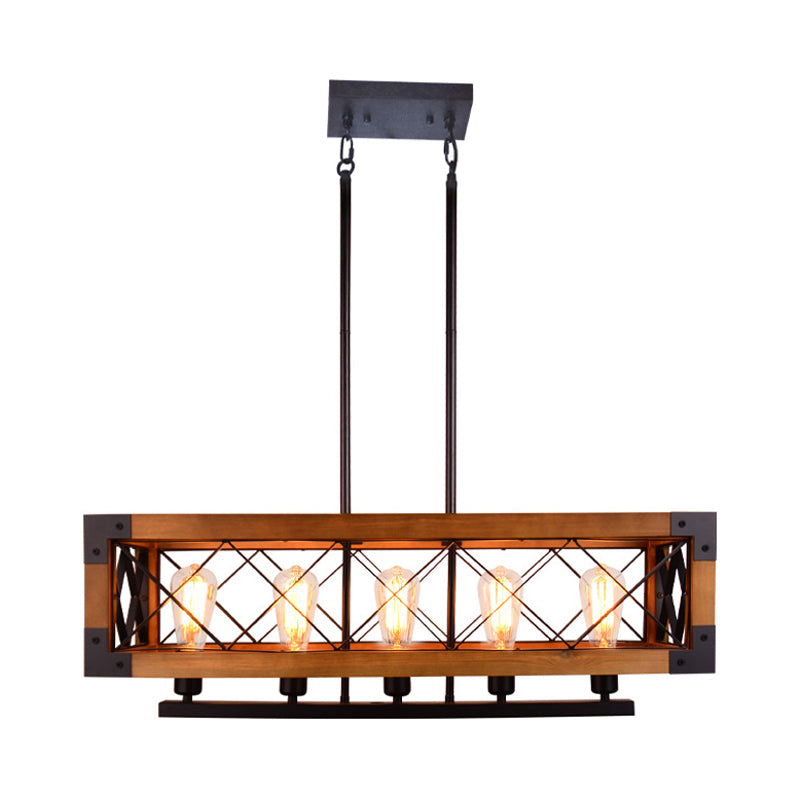 Dark Wood Rectangle Island Lighting Fixture Traditional Metal 5 Bulbs Dining Room Hanging Light Clearhalo 'Ceiling Lights' 'Island Lights' Lighting' 335881