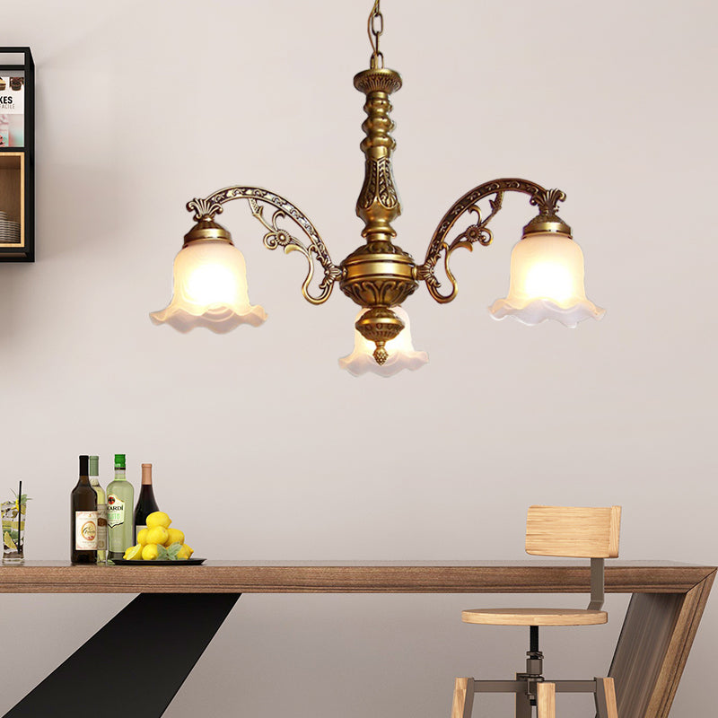 3/6 Bulb Ceiling Lamp with Scalloped Shade Frosted Textured Glass Traditional Dining Room Chandelier in Brass 3 Brass Clearhalo 'Ceiling Lights' 'Chandeliers' 'Glass shade' 'Glass' Lighting' 335946