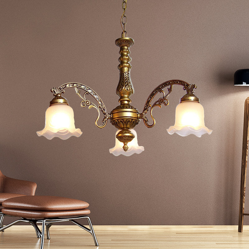 3/6 Bulb Ceiling Lamp with Scalloped Shade Frosted Textured Glass Traditional Dining Room Chandelier in Brass Clearhalo 'Ceiling Lights' 'Chandeliers' 'Glass shade' 'Glass' Lighting' 335947
