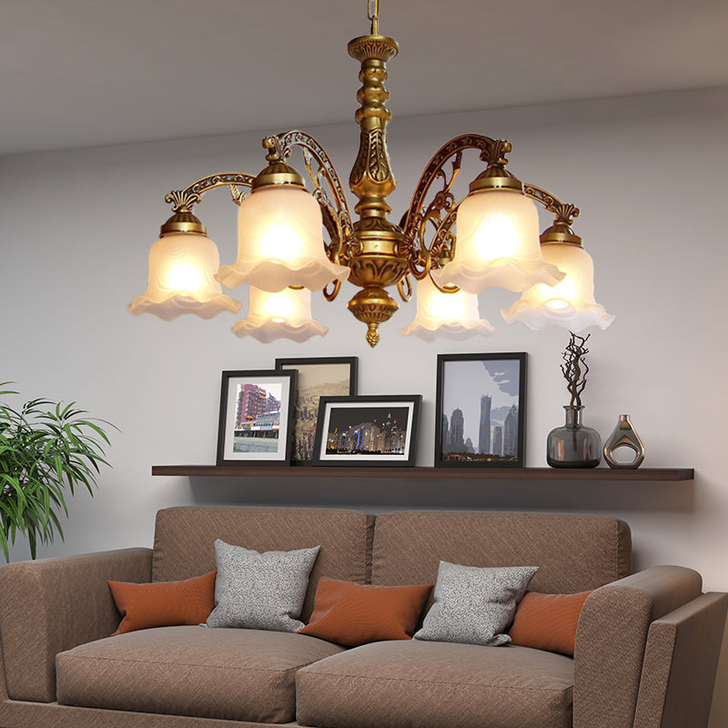 3/6 Bulb Ceiling Lamp with Scalloped Shade Frosted Textured Glass Traditional Dining Room Chandelier in Brass 6 Brass Clearhalo 'Ceiling Lights' 'Chandeliers' 'Glass shade' 'Glass' Lighting' 335951