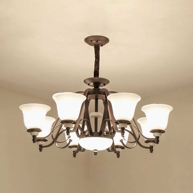 Dark Coffee Bell Shade Chandelier Lamp Traditional White Glass 3/6/8 Light Living Room Hanging Light 8 Dark Coffee Clearhalo 'Ceiling Lights' 'Chandeliers' 'Glass shade' 'Glass' Lighting' 335955