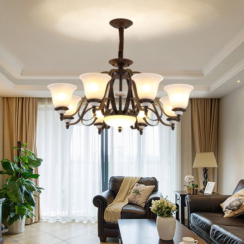 Dark Coffee Bell Shade Chandelier Lamp Traditional White Glass 3/6/8 Light Living Room Hanging Light Clearhalo 'Ceiling Lights' 'Chandeliers' 'Glass shade' 'Glass' Lighting' 335956