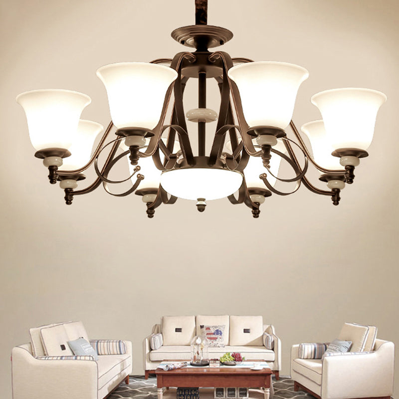 Dark Coffee Bell Shade Chandelier Lamp Traditional White Glass 3/6/8 Light Living Room Hanging Light Clearhalo 'Ceiling Lights' 'Chandeliers' 'Glass shade' 'Glass' Lighting' 335957