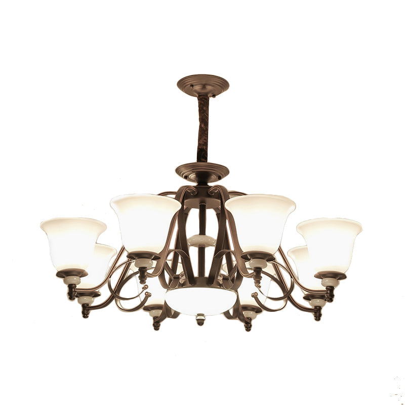 Dark Coffee Bell Shade Chandelier Lamp Traditional White Glass 3/6/8 Light Living Room Hanging Light Clearhalo 'Ceiling Lights' 'Chandeliers' 'Glass shade' 'Glass' Lighting' 335958