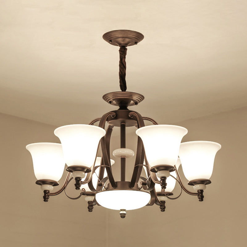 Dark Coffee Bell Shade Chandelier Lamp Traditional White Glass 3/6/8 Light Living Room Hanging Light Clearhalo 'Ceiling Lights' 'Chandeliers' 'Glass shade' 'Glass' Lighting' 335962