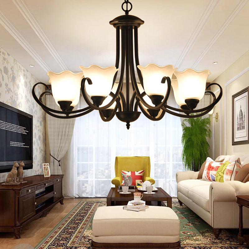 3/6/8 Bulbs Bell Chandelier Light Traditional Black Frosted Glass Hanging Ceiling Fixture for Living Room Clearhalo 'Ceiling Lights' 'Chandeliers' Lighting' options 335969