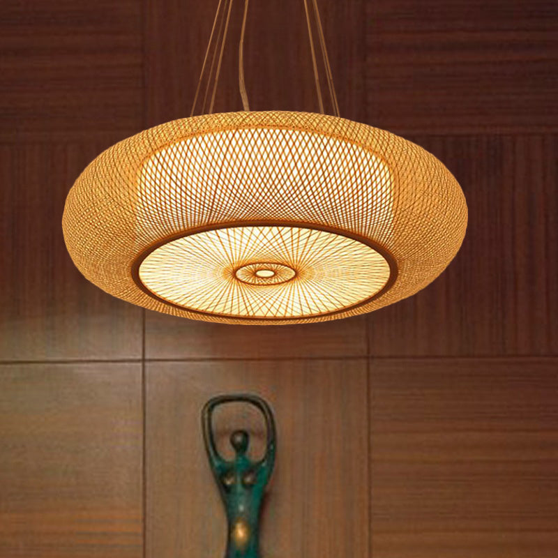 Curved Drum Pendant Lighting Tradition Bamboo 2/3 Bulbs 18"/23.5" Wide Wood Ceiling Hanging Light Clearhalo 'Ceiling Lights' 'Modern Pendants' 'Modern' 'Pendant Lights' 'Pendants' Lighting' 336082