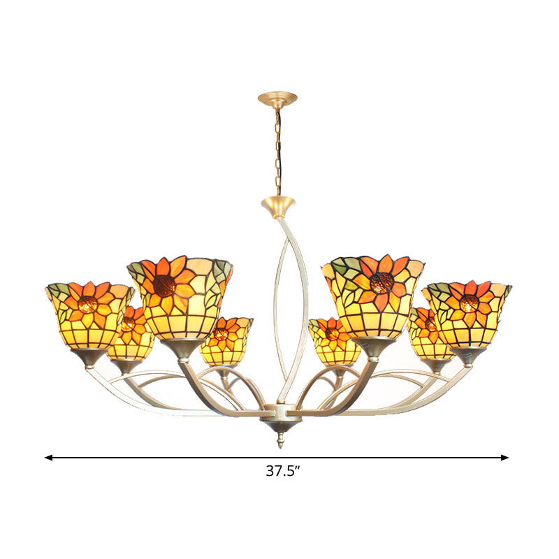 Sunflower/Leaf Chandelier Light Fixture 6/8 Lights Tiffany Hanging Lamp Kit in White/Orange for Living Room Clearhalo 'Ceiling Lights' 'Chandeliers' 'Close To Ceiling Lights' 'Industrial' 'Middle Century Chandeliers' 'Tiffany Chandeliers' 'Tiffany close to ceiling' 'Tiffany' Lighting' 336505