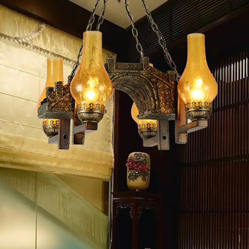 Vase Kitchen Chandelier Pendant Light Vintage Amber Crackle Glass 4 Lights Bronze Drop Lamp Bronze Clearhalo 'Ceiling Lights' 'Chandeliers' 'Glass shade' 'Glass' 'Industrial Chandeliers' 'Industrial' 'Middle Century Chandeliers' 'Tiffany' Lighting' 337424