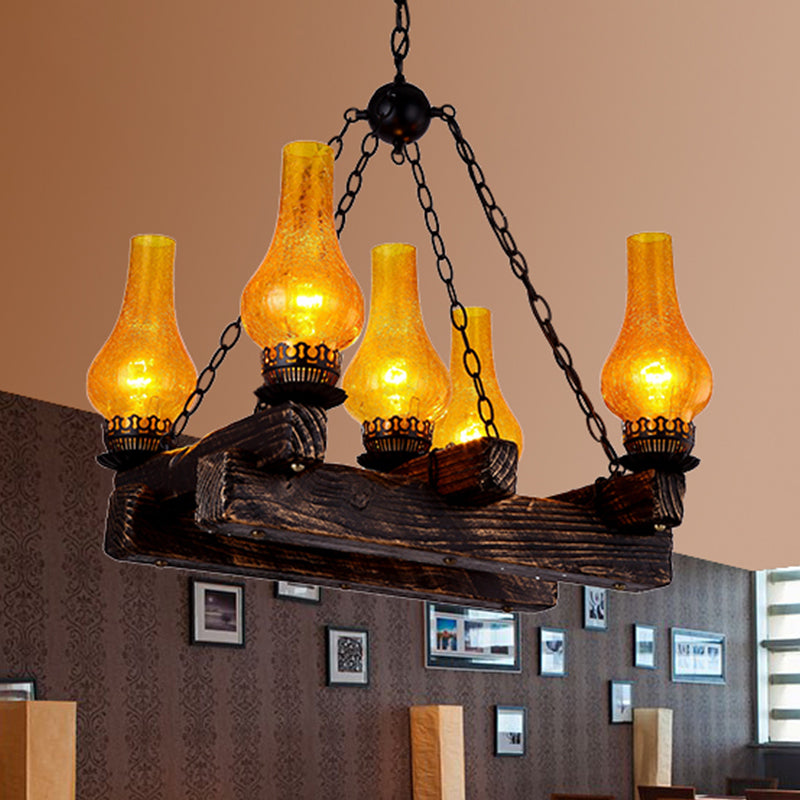 Vase Amber Crackle Glass Chandelier Antiqued 5 Lights Restaurant Hanging Light Fixture in Dark Wood Clearhalo 'Ceiling Lights' 'Chandeliers' 'Glass shade' 'Glass' 'Industrial Chandeliers' 'Industrial' 'Middle Century Chandeliers' 'Tiffany' Lighting' 337438