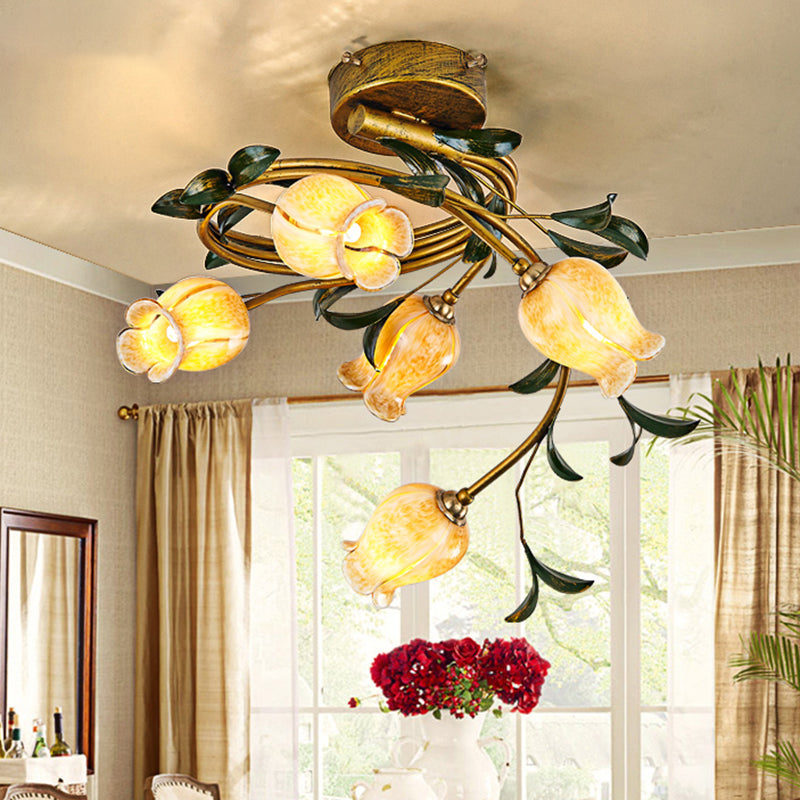 Brass Petal Semi Flush Mount Light Rural Beige Glass 5 Lights Dining Room Ceiling Lamp Brass Clearhalo 'Ceiling Lights' 'Close To Ceiling Lights' 'Close to ceiling' 'Glass shade' 'Glass' 'Semi-flushmount' Lighting' 337820