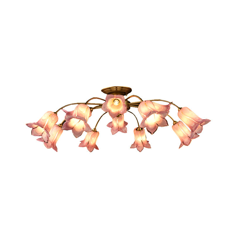 12 Lights Semi Flush Mount Minimalism Blossom White/Purple Glass Close to Ceiling Lamp for Bedroom Clearhalo 'Ceiling Lights' 'Close To Ceiling Lights' 'Close to ceiling' 'Glass shade' 'Glass' 'Semi-flushmount' Lighting' 337845