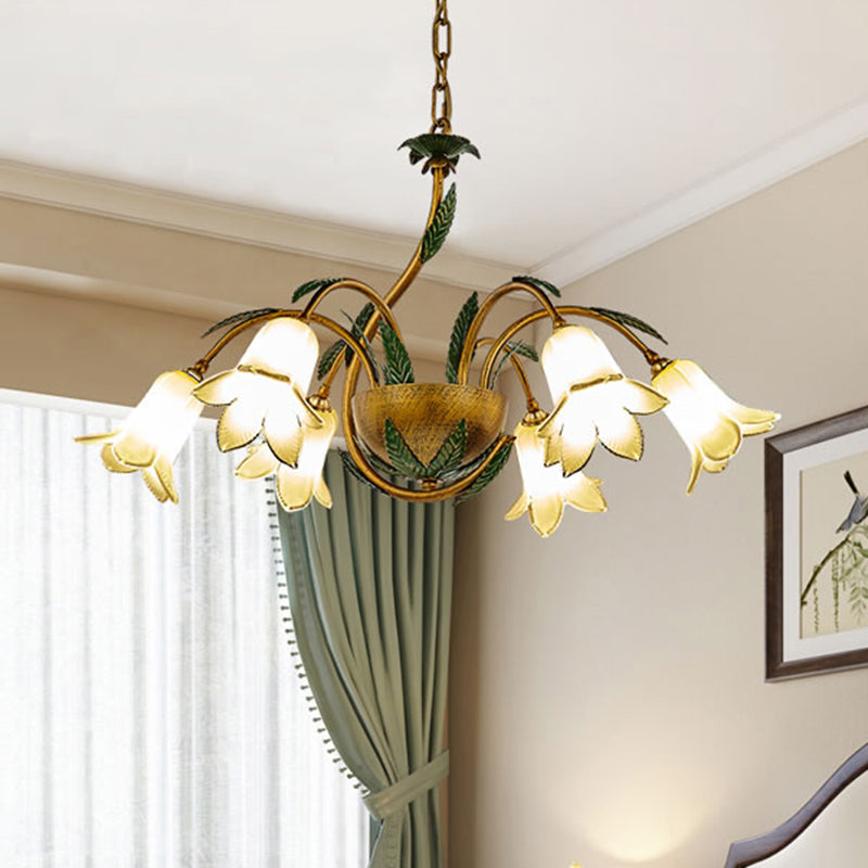 Brass 6 Heads Chandelier Lighting Vintage White/Purple Glass Bloom Pendant Ceiling Light for Bedroom Clearhalo 'Ceiling Lights' 'Chandeliers' 'Glass shade' 'Glass' Lighting' 337882