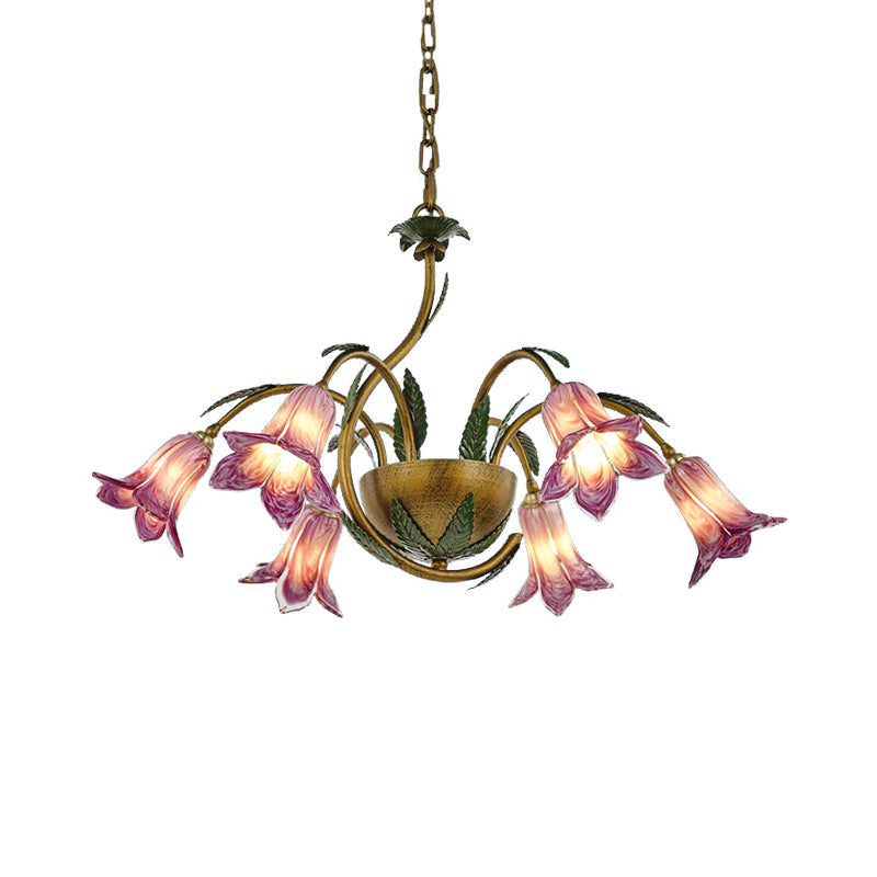 Brass 6 Heads Chandelier Lighting Vintage White/Purple Glass Bloom Pendant Ceiling Light for Bedroom Clearhalo 'Ceiling Lights' 'Chandeliers' 'Glass shade' 'Glass' Lighting' 337888