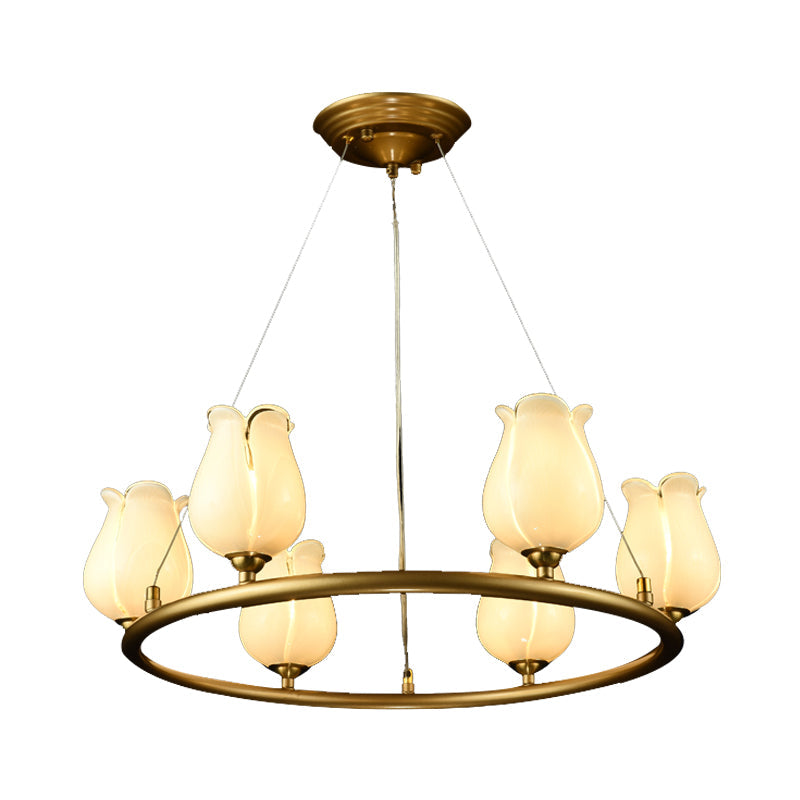6 Lights Chandelier Pendant Light Traditional Wagon Wheel LED Metal Suspension Lamp with White/Yellow Glass Shade Clearhalo 'Ceiling Lights' 'Chandeliers' 'Glass shade' 'Glass' Lighting' 337916