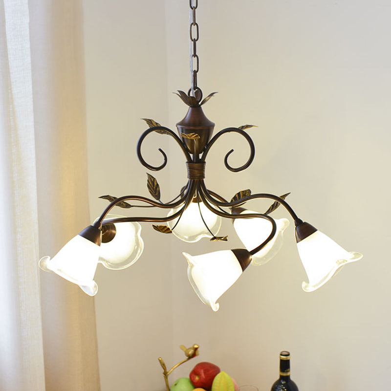 6 Lights Bedroom Hanging Chandelier Rustic Brown Pendant Lighting with Bell Opal Glass Shade Clearhalo 'Ceiling Lights' 'Chandeliers' 'Glass shade' 'Glass' 'Pendant Lights' Lighting' 337934