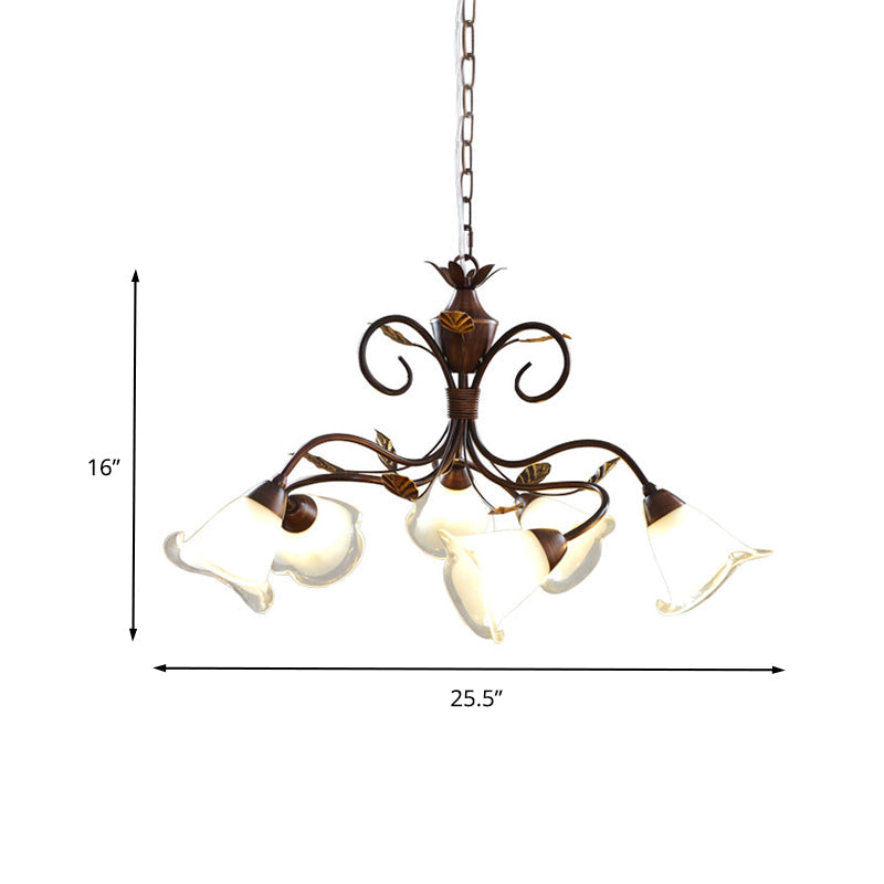 6 Lights Bedroom Hanging Chandelier Rustic Brown Pendant Lighting with Bell Opal Glass Shade Clearhalo 'Ceiling Lights' 'Chandeliers' 'Glass shade' 'Glass' 'Pendant Lights' Lighting' 337936