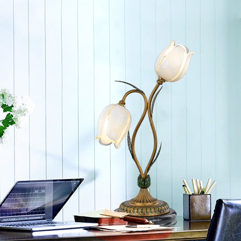 Countryside Blossom Table Lamp 2 Lights White/Yellow Glass Night Light in Brass for Living Room Clearhalo 'Lamps' 'Table Lamps' Lighting' 338029