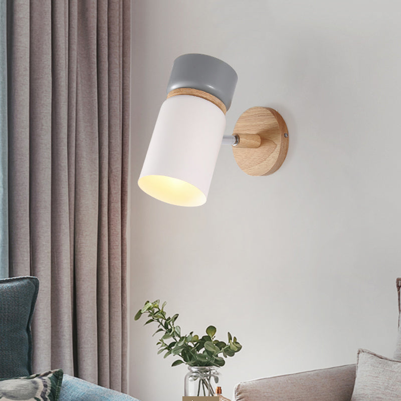 1 Bulb Cylinder Sconce Light Modern Metal Wall Mounted Lighting in Grey/White with Round Wood Backplate Grey Clearhalo 'Wall Lamps & Sconces' 'Wall Lights' Lighting' 338600