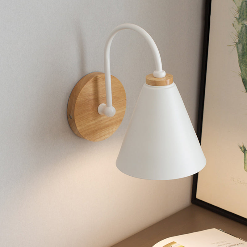 1 Head Tapered Wall Lighting Modern Metal Sconce Light Fixture in White with Circle Wood Backplate White Clearhalo 'Wall Lamps & Sconces' 'Wall Lights' Lighting' 338838
