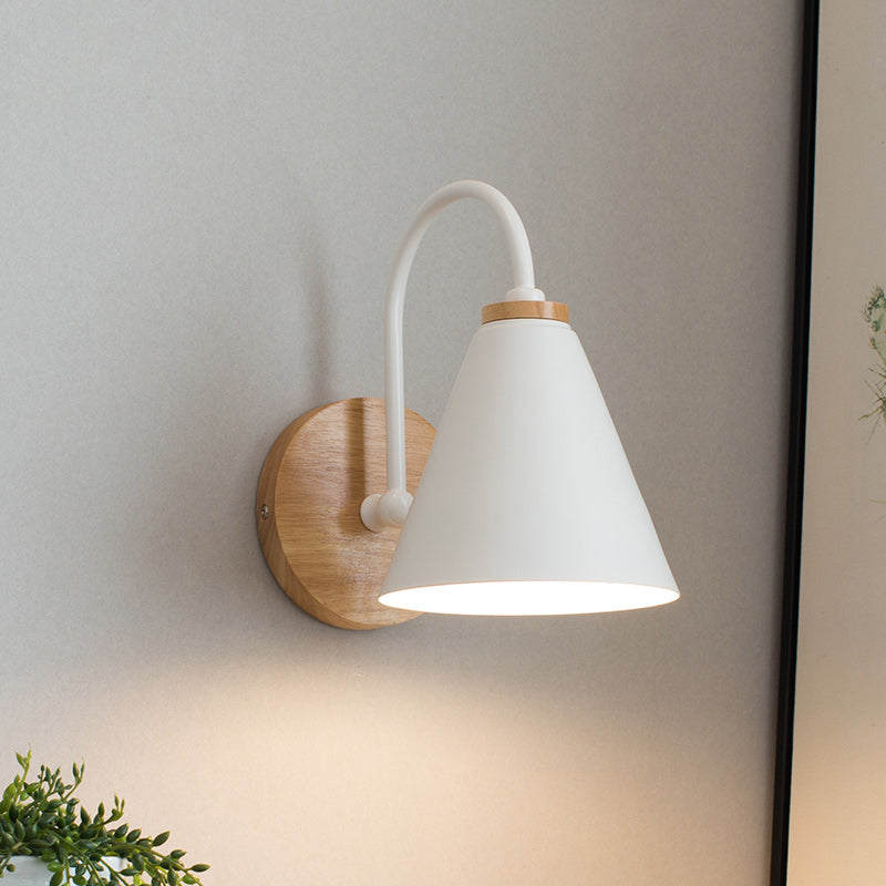 1 Head Tapered Wall Lighting Modern Metal Sconce Light Fixture in White with Circle Wood Backplate Clearhalo 'Wall Lamps & Sconces' 'Wall Lights' Lighting' 338840