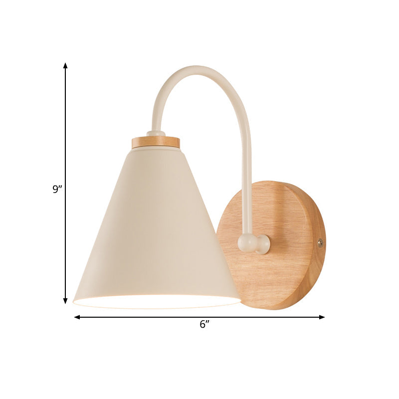 1 Head Tapered Wall Lighting Modern Metal Sconce Light Fixture in White with Circle Wood Backplate Clearhalo 'Wall Lamps & Sconces' 'Wall Lights' Lighting' 338842