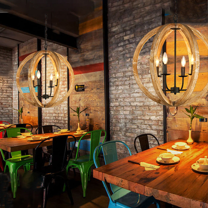 Sphere Chandelier Lamp Nordic Wood 4 Heads Beige Pendant Lighting Fixture for Restaurant Clearhalo 'Ceiling Lights' 'Chandeliers' Lighting' options 339890